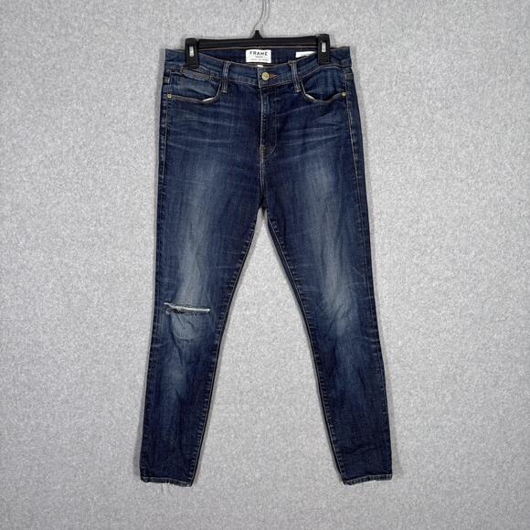 Frame Jeans Size 31 Le High Skinny Ankle Stretch Dark Distressed Harvard USA - Picture 1 of 13